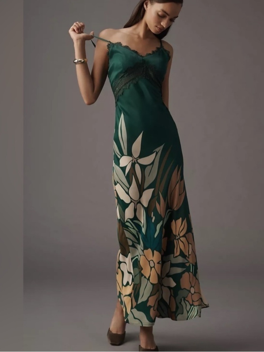 Sleeveless Emerald Green Floral Slip Maxi Dress with Lace Trim